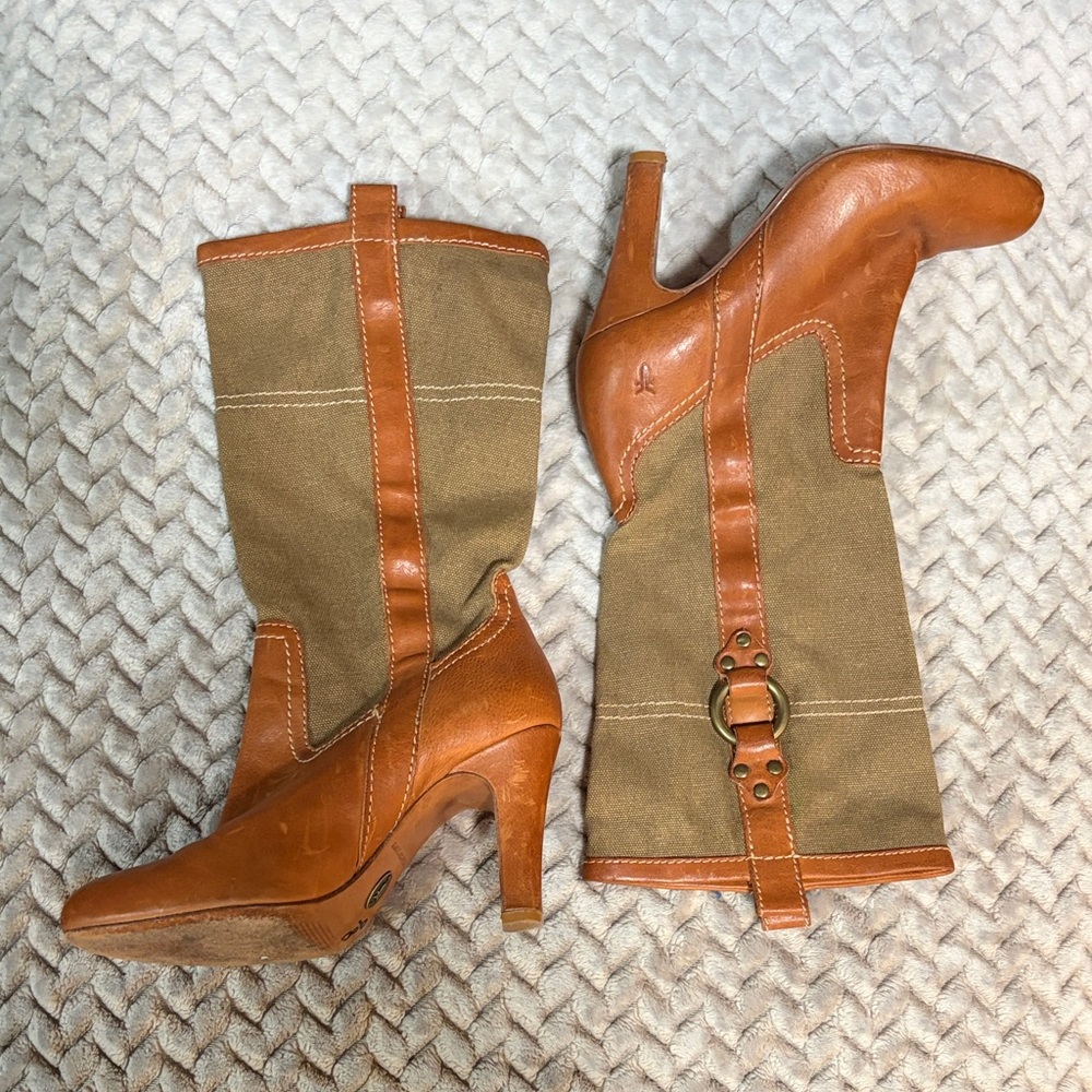 Stylish Tan Leather and Canvas Heeled Boots